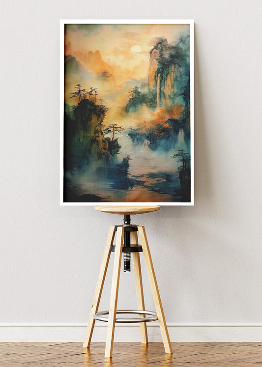 Misty Jade Mountains – Oriental Waterfall Landscape Canvas & Poster Print – AI PRINT LAB