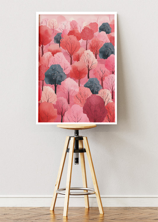 Pink Forest Wall Art – Blush Woodland Canvas Print & Modern Pastel Tree Poster for Bedroom and Living Room Decor UK