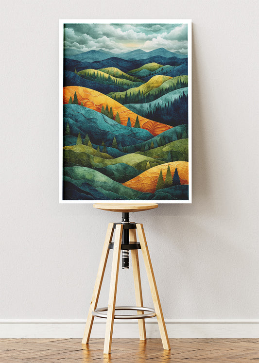 Emerald & Golden Rolling Hills – Layered Forest Landscape Canvas & Poster Print – AI PRINT LAB