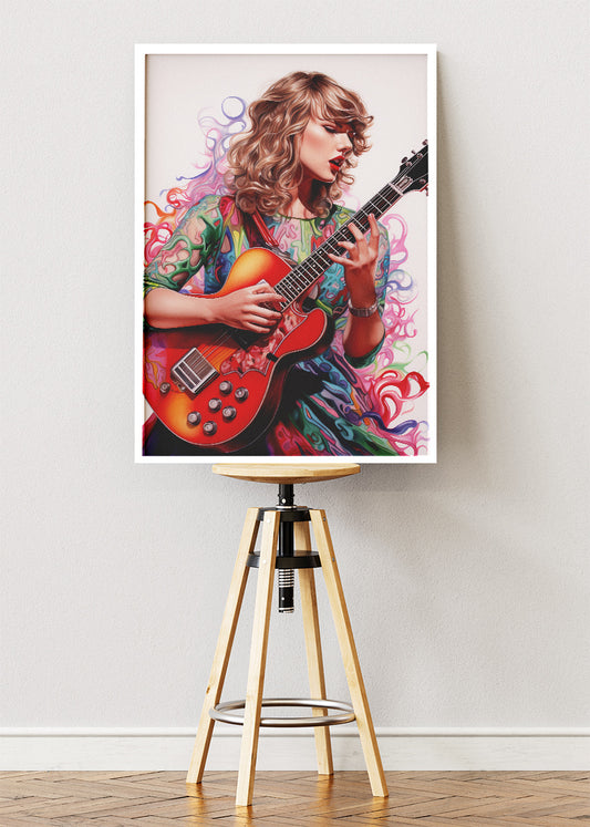 Taylor Swift Guitar Portrait Wall Art Poster & Canvas Print – Modern Pop Music Illustration