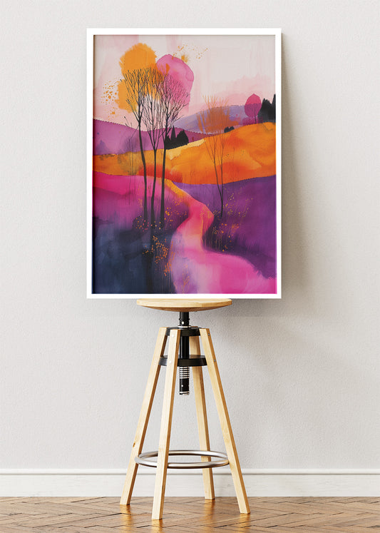 Vibrant Abstract Landscape Wall Art – Colourful Modern Hills Canvas Print & Pink Purple Nature Poster for Living Room Decor UK