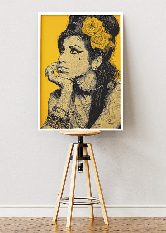 Amy Winehouse Yellow Portrait Wall Art Poster & Canvas Print – Modern Monochrome Icon Illustration