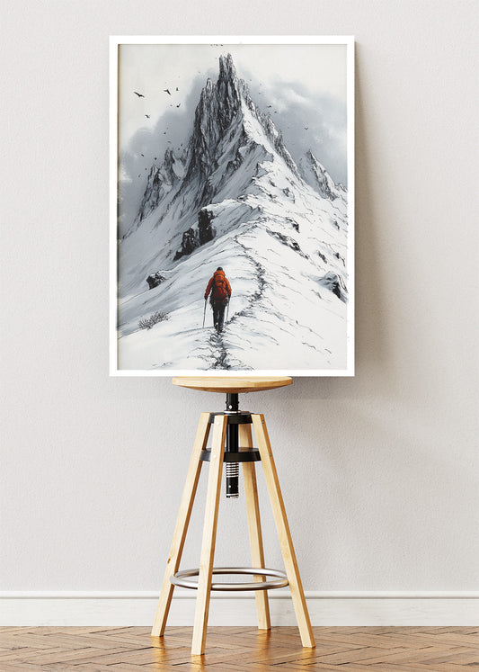 Lone Hiker on Snowy Peak – Minimalist Mountain Adventure Wall Art Poster & Canvas – AI PRINT LAB