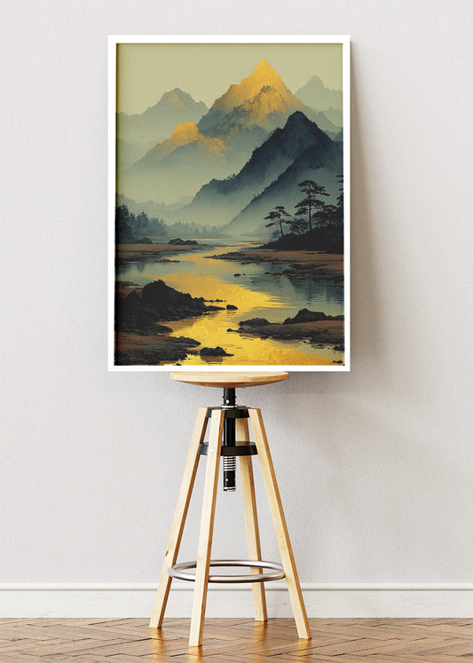Golden Mountain Reflection – Tranquil River Landscape Canvas & Poster Print – AI PRINT LAB