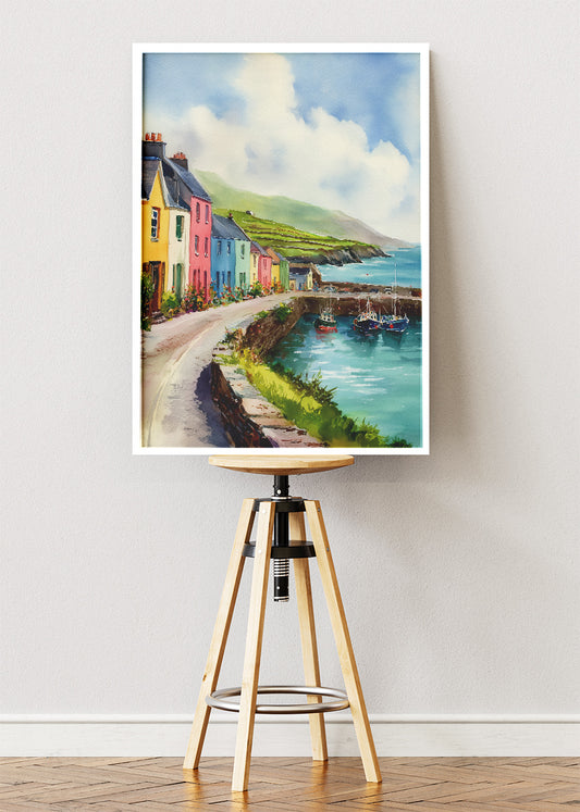 Colorful Coastal Village Harbor – Seaside Town Canvas & Poster Print – AI PRINT LAB
