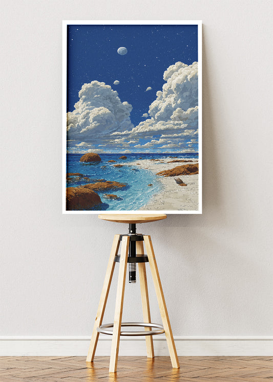 Moonlit Coastal Shore – Starry Night Ocean Canvas & Poster Print – AI PRINT LAB