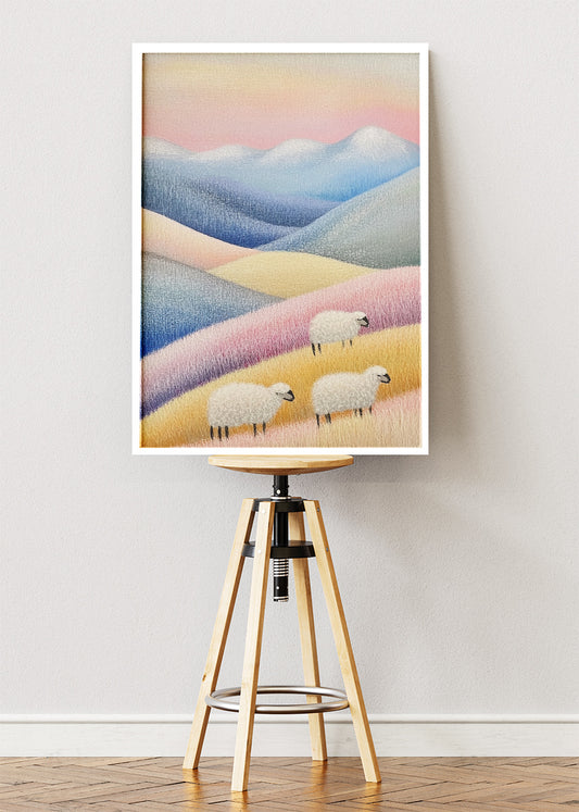 Pastel Hills with Grazing Sheep – Soft Minimal Landscape Wall Art Poster & Canvas – AI PRINT LAB
