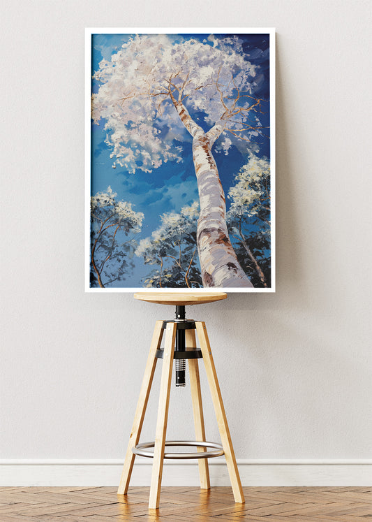 White Birch Tree Wall Art – Upward Forest Canvas Print & Modern Blue Sky Nature Poster for Living Room Decor UK