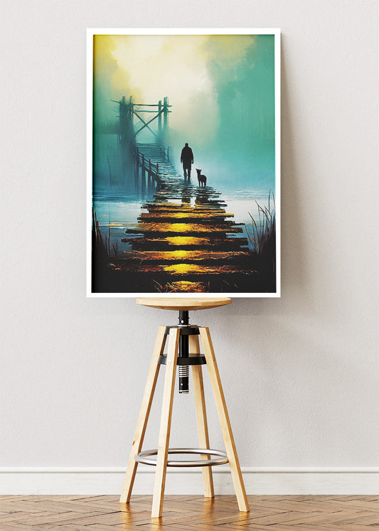 Misty Wooden Pier at Sunrise with Man and Dog – Atmospheric Landscape Wall Art Poster & Canvas – AI PRINT LAB