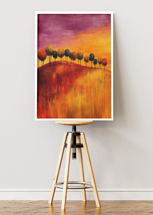 Abstract Sunset Hills Wall Art – Warm Orange Landscape Canvas Print & Modern Minimal Tree Poster for Living Room Decor UK
