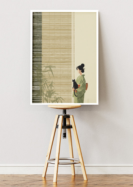Japanese Minimalist Woman with Cat Wall Art – Zen Bamboo Canvas Print & Elegant Portrait Poster