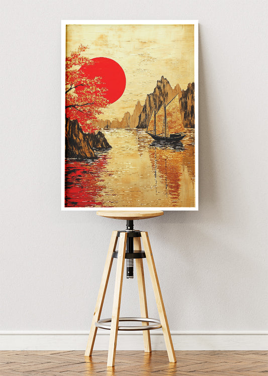 Golden River Sunset with Red Sun – Oriental Inspired Sailboat Wall Art – AI PRINT LAB