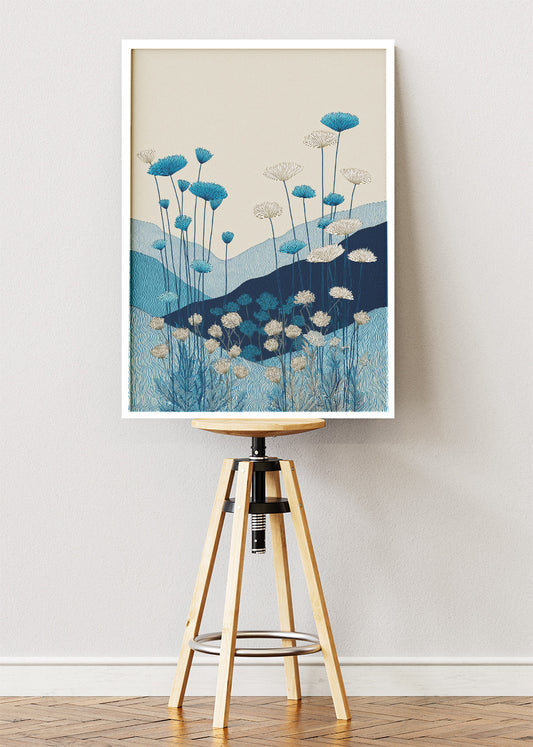 Blue Meadow Botanical Wall Art – Minimalist Floral Landscape Canvas Print | Modern Nature Portrait Poster