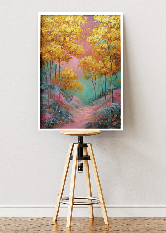 Golden Autumn Path Wall Art – Vibrant Yellow Trees Canvas Print | Dreamy Forest Landscape Portrait Poster