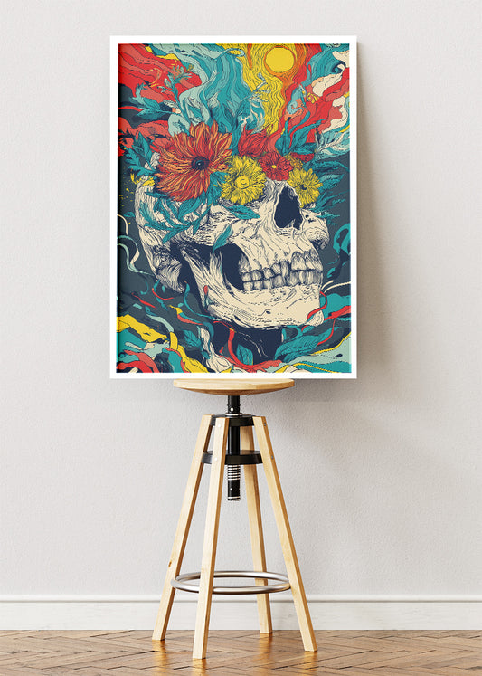 Psychedelic Skull Floral Wall Art – Vibrant Abstract Canvas Print | Bold Surreal Portrait Poster