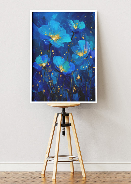 Midnight Blue Floral Wall Art – Gold Accent Blossom Canvas Print | Elegant Modern Portrait Poster