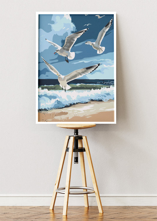 Seagulls Over Ocean Canvas Print & Poster – Coastal Beach Landscape Wall Art – AI PRINT LAB