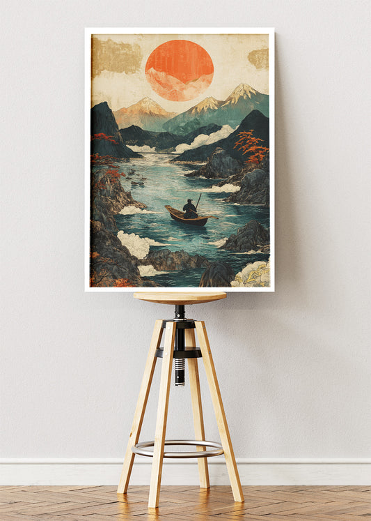 Silent River Journey – Japanese-Inspired Mountain Sunset Canvas & Poster Print – AI PRINT LAB