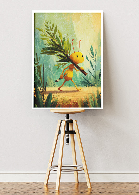 Cute Ant Canvas Print & Poster – Kids Room Wall Art – Motivational Nature Illustration – AI PRINT LAB