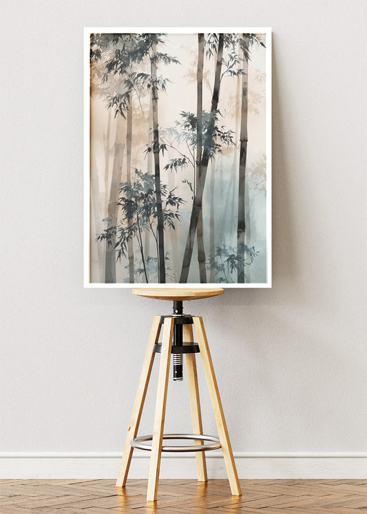 Misty Neutral Bamboo Wall Art – Soft Beige & Blue Zen Canvas Print | Minimalist Forest Portrait Poster