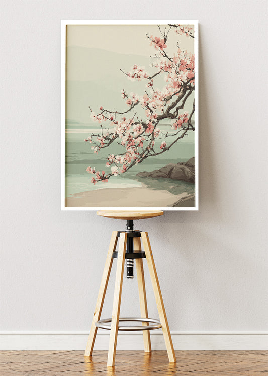 Cherry Blossom Coastal Landscape Wall Art – Soft Sage Green Japandi Canvas Print | Serene Nature Poster