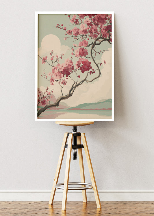 Pink Cherry Blossom Sunset Wall Art – Japandi Landscape Canvas Print | Soft Sage Nature Poster