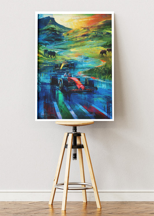 Formula 1 Safari Landscape Poster Canvas Print – Artistic Racing Nature Wall Art – AI PRINT LAB