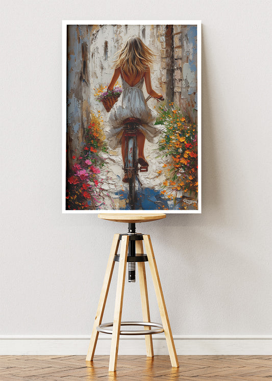 Romantic Bicycle Woman Wall Art – Floral Street Canvas Print & Vintage Style Poster for Living Room Decor UK