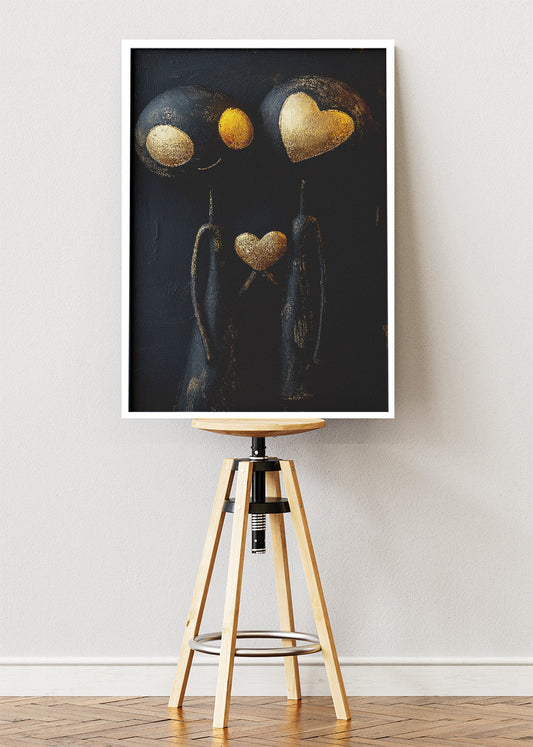 Modern Abstract Couple Wall Art – Black and Gold Love Heart Canvas Print & Contemporary Romantic Poster for Bedroom Decor UK