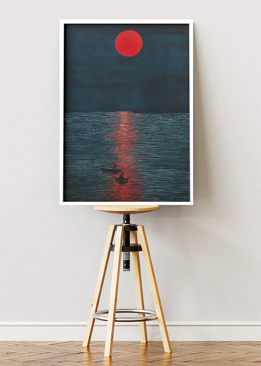 Crimson Moon Over Midnight Sea – Minimalist Sunset Canvas & Poster Print – AI PRINT LAB
