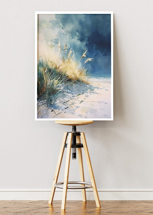 Coastal Dunes with Golden Grass – Soft Blue Seaside Watercolor Wall Art Poster & Canvas – AI PRINT LAB