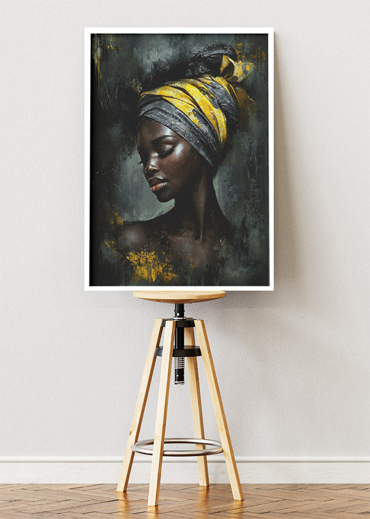 Black and Gold African Woman Wall Art – Elegant Headwrap Portrait Canvas Print & Luxury Modern Statement Poster for Living Room Decor UK