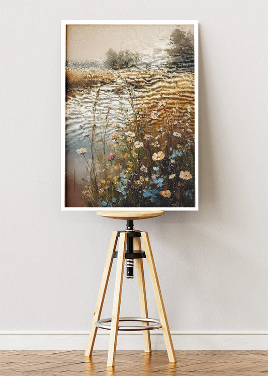 Golden Meadow River – Rustic Countryside Landscape Canvas & Poster Print – AI PRINT LAB