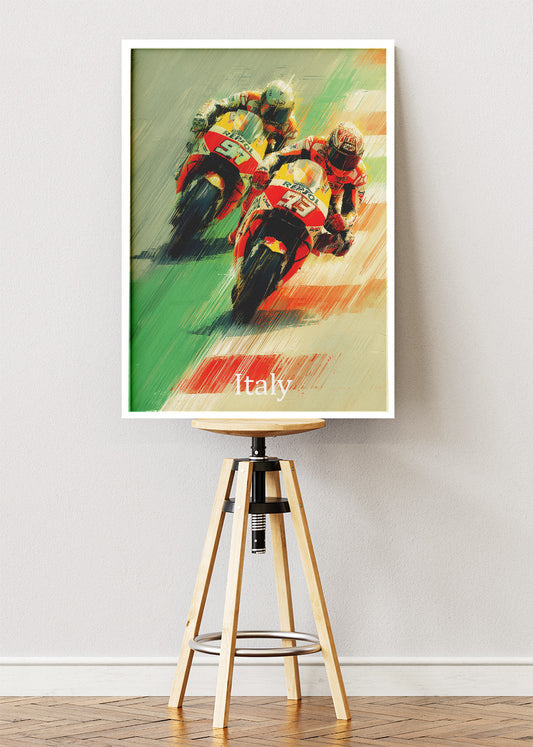 Italy Motorcycle Racing Duel Motion Wall Art Poster & Canvas