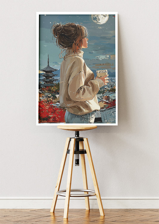 Japanese City Night Wall Art – Woman with Coffee Moonlit Landscape Canvas Print & Modern Travel Poster for Living Room Decor UK