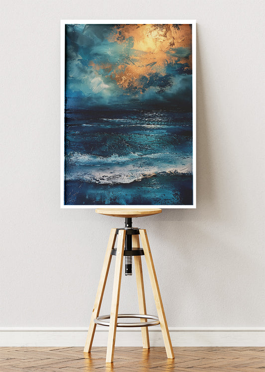 Midnight Ocean with Golden Sky – Dramatic Abstract Seascape Wall Art Poster & Canvas – AI PRINT LAB
