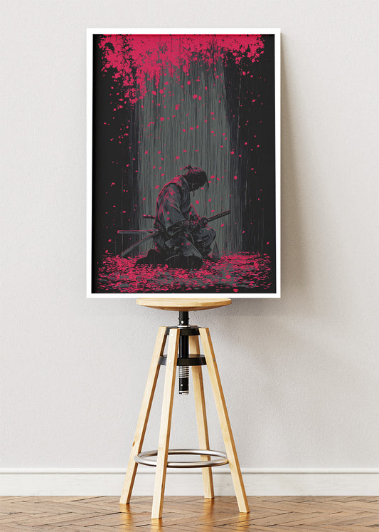 Samurai Wall Art – Dark Japanese Warrior Canvas Print & Modern Red Sakura Statement Poster for Living Room Decor UK