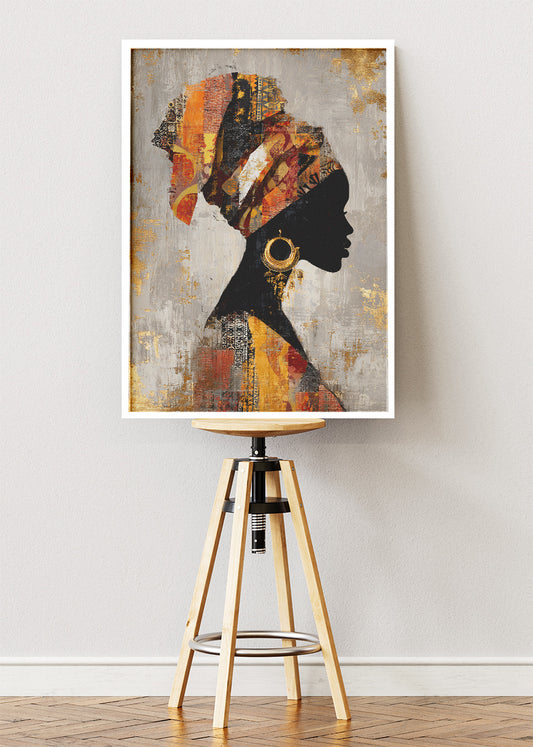 African Silhouette Wall Art – Gold and Orange Headwrap Portrait Canvas Print & Modern Cultural Statement Poster for Living Room Decor UK