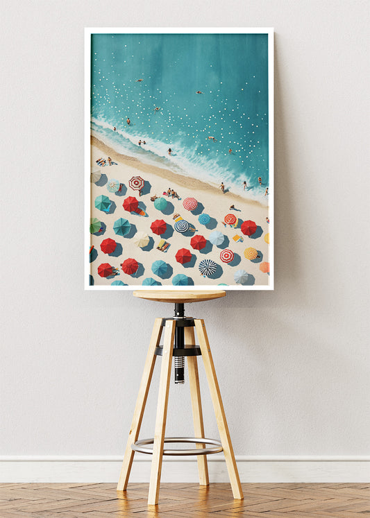 Summer Beach Aerial – Vibrant Coastal Umbrella Canvas & Poster Print – AI PRINT LAB