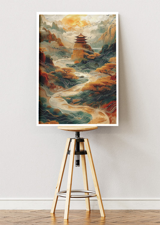 Golden Pagoda Valley – Oriental Mountain Landscape Canvas & Poster Print – AI PRINT LAB