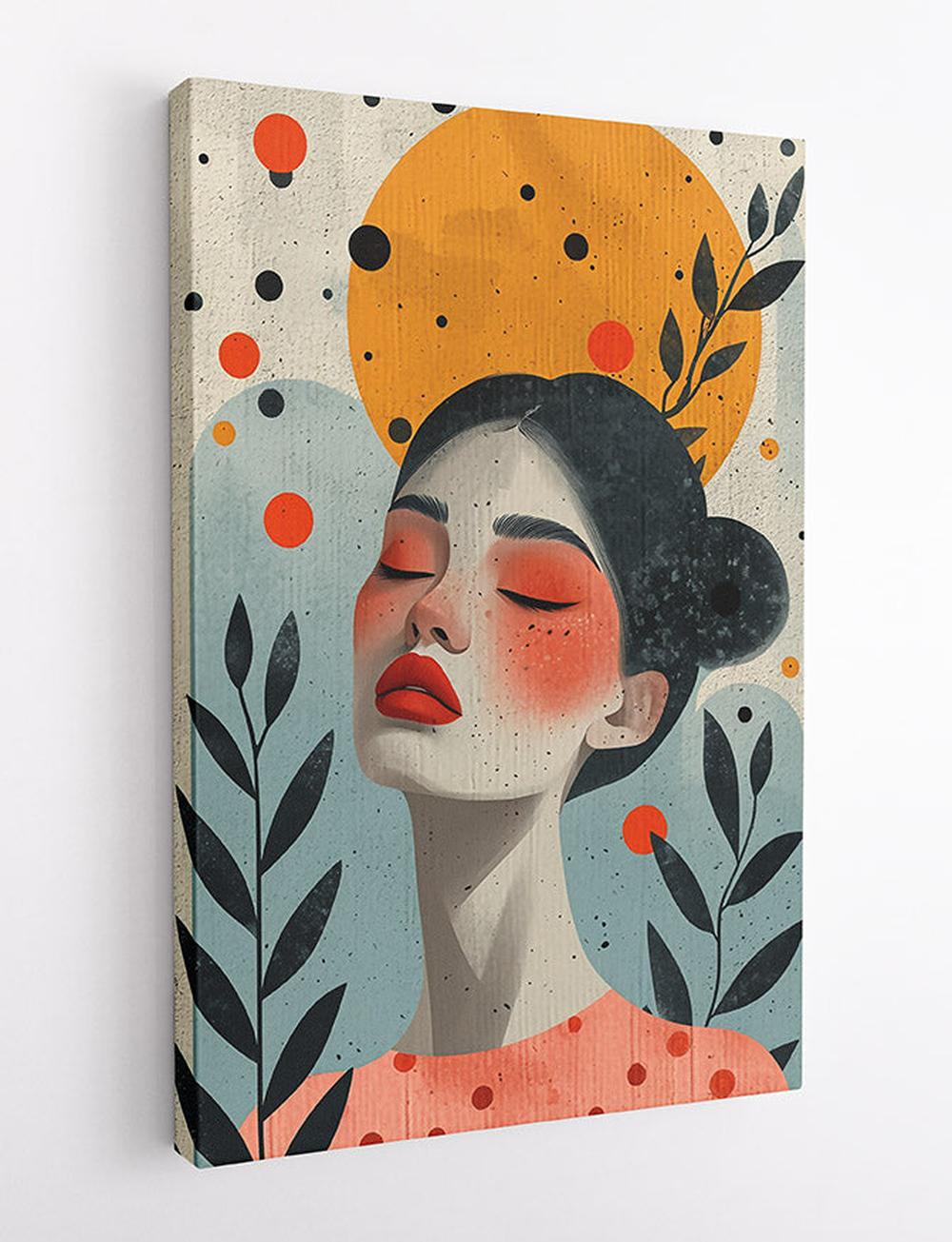 Abstract Feminine Portrait with Sun and Leaves Canvas Art & Poster – T720 – AiPrintLab