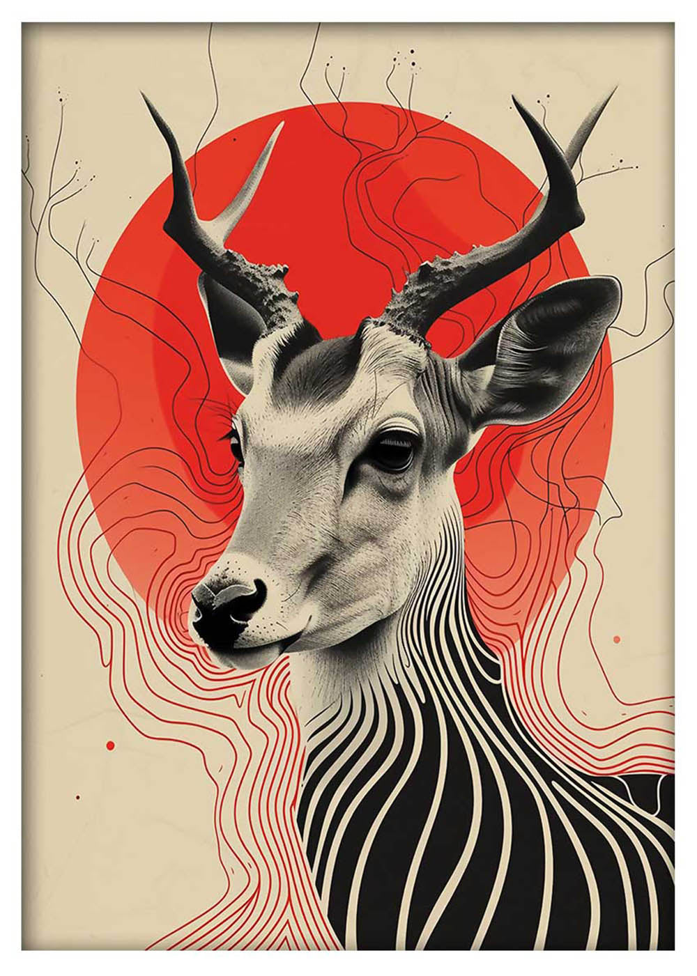 Abstract Gazelle Illustration – Modern Red Sun Canvas Art & Poster – T767 – AiPrintLab