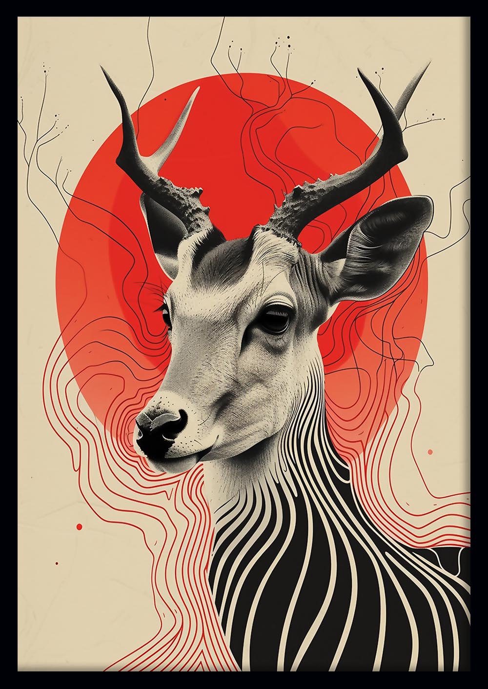 Abstract Gazelle Illustration – Modern Red Sun Canvas Art & Poster – T767 – AiPrintLab