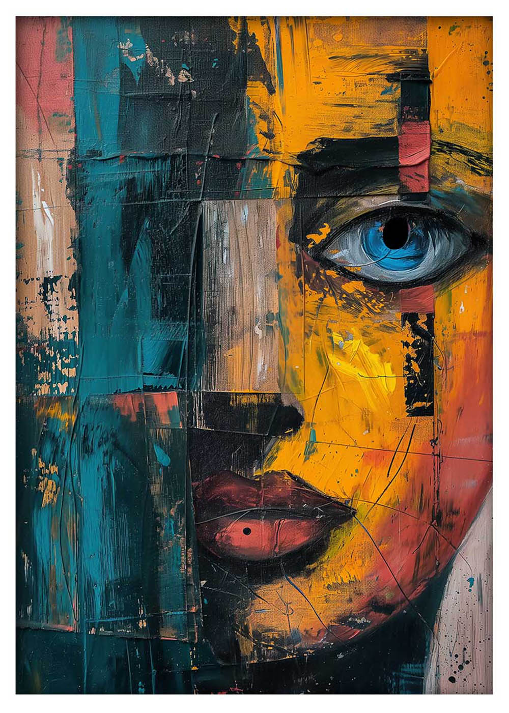 Abstract Half Face with Blue Eye – Expressionist Canvas & Poster Art – T905 – AiPrintLab