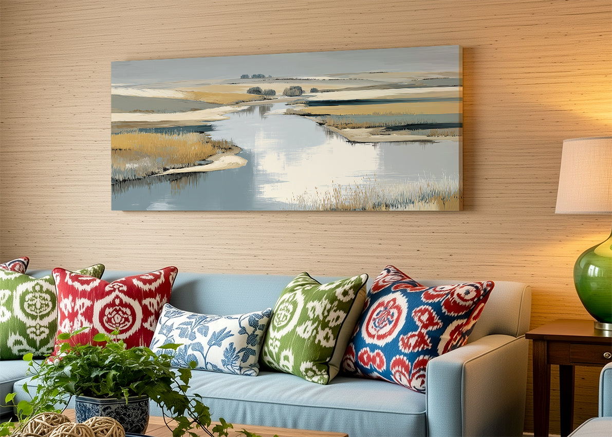 Abstract River Marsh Landscape Canvas Wall Art – Single & 3 Panel Split – AI PRINT LAB