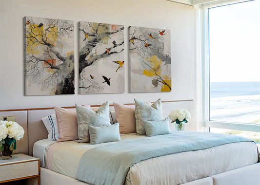 Abstract Tree & Birds Canvas Wall Art – Modern Nature Painting – Single & 3 Panel Canvas – AI PRINT LAB