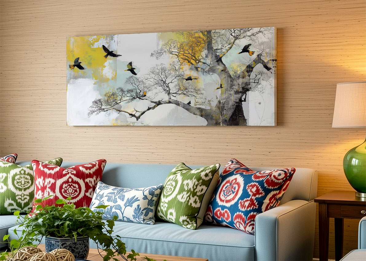 Abstract Tree & Flying Birds Canvas Wall Art – Modern Nature Painting – Single & 3 Panel Canvas – AI PRINT LAB