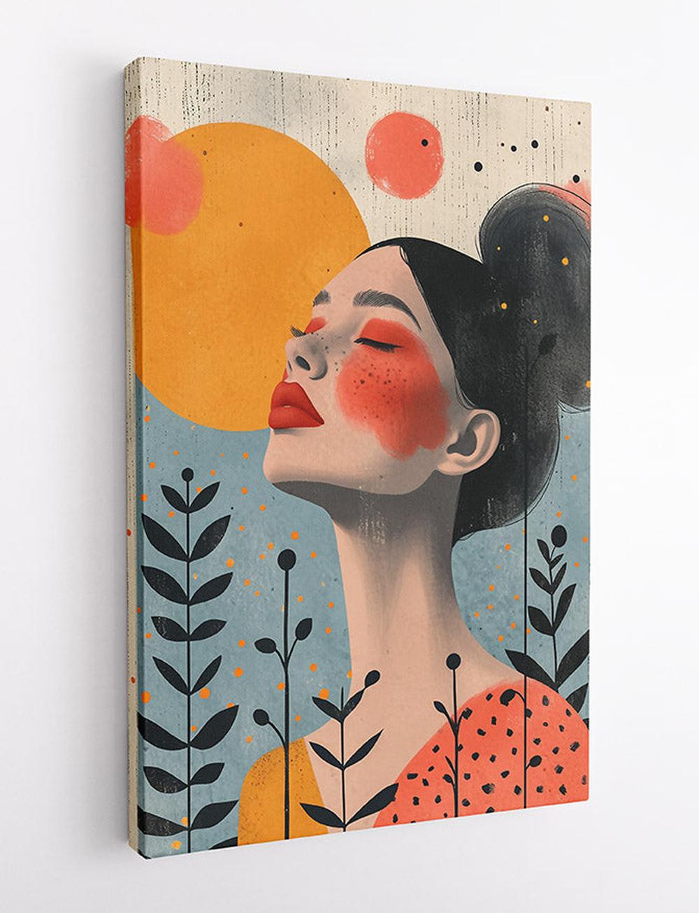 Abstract Woman Portrait with Sun and Botanical Accents Canvas Art & Poster – T719 – AiPrintLab