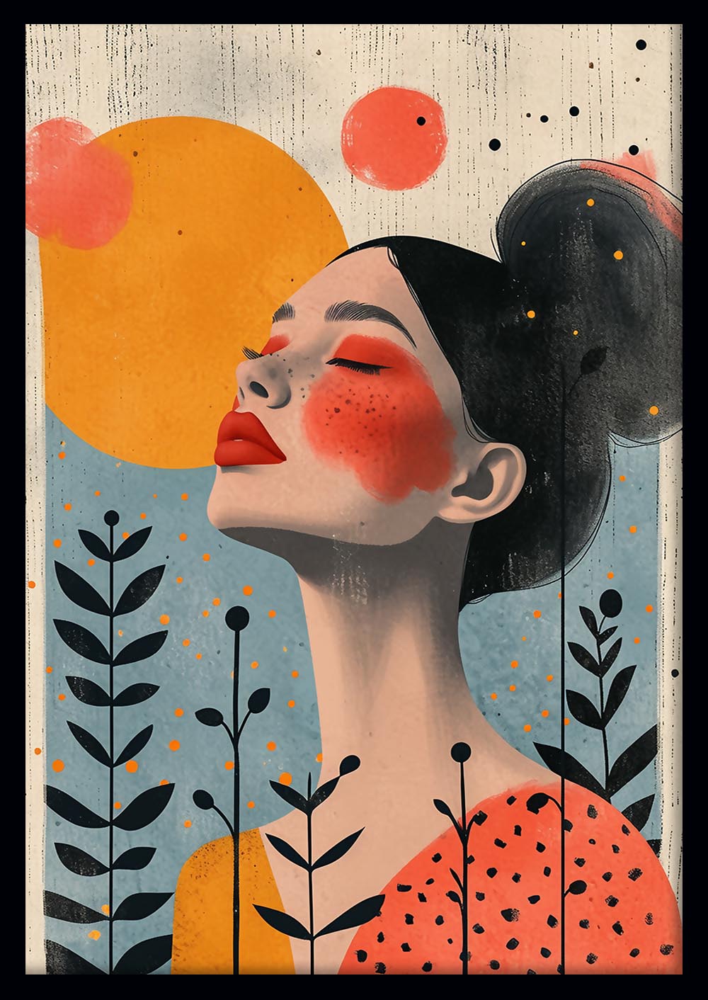 Abstract Woman Portrait with Sun and Botanical Accents Canvas Art & Poster – T719 – AiPrintLab