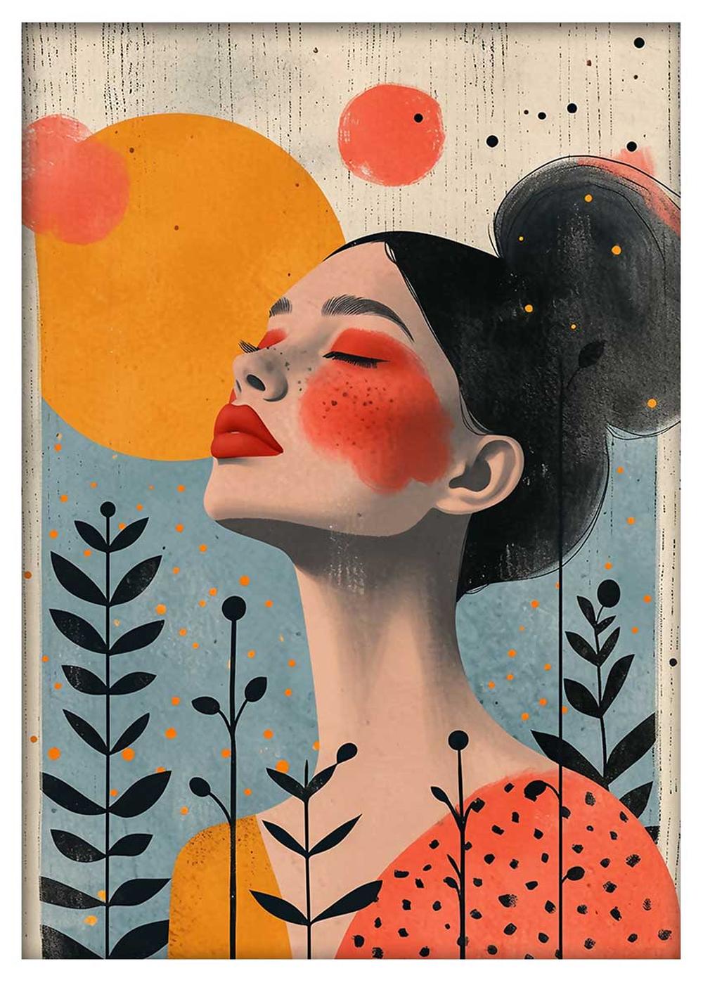 Abstract Woman Portrait with Sun and Botanical Accents Canvas Art & Poster – T719 – AiPrintLab